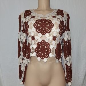 Rebellion Crochet Floral Lace Crop Top - Brown and White Bohemian Sz XS